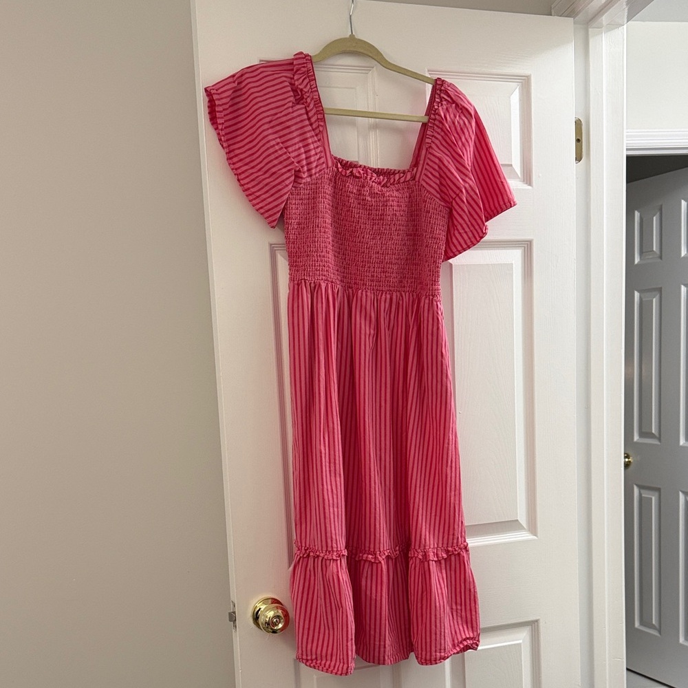 Draper James Pink Striped Midi Smocked Dress